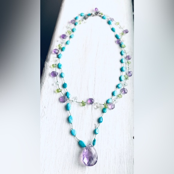 Amethyst Turquoise Necklace🦋💜 with Amethyst, Quartz, Peridot💚💜🤍Necklace - Picture 4 of 8